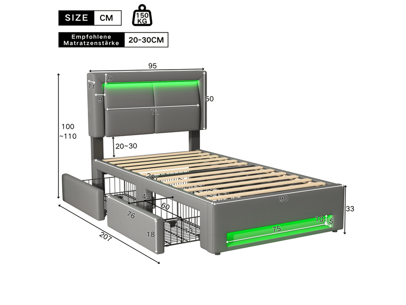  Lit simple rembourré 90x200 cm led, charge usb, 4 tiroirs, pu gris  - Conforama E
