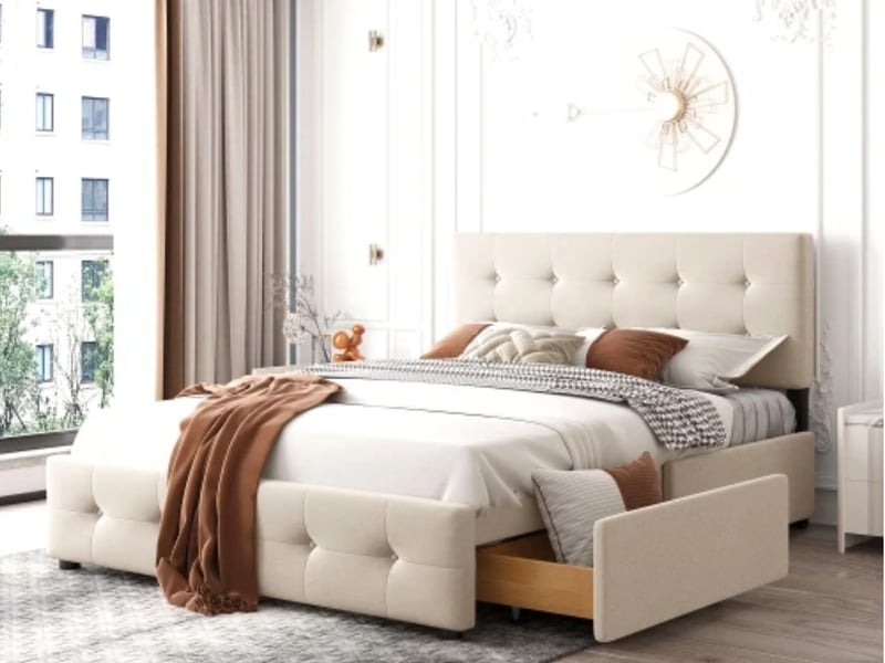  Lit capitonné 140×200, tiroirs + sommier, velours, beige, sans matelas  - Conforama D