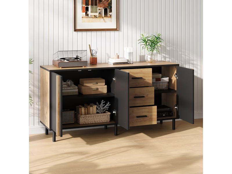  Buffet moderne 140 × 35 × 70 cm, 3 portes et 3 tiroirs, meuble en mdf noir et effet bois sur 6 pieds métalliques  - Conforama D
