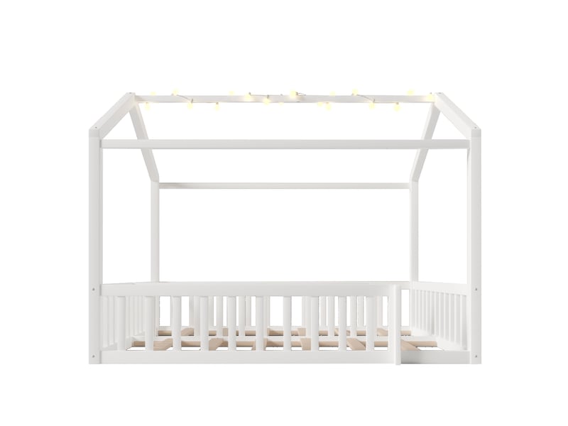  Lit cabane enfant convertible 90x190cm ou 180x190cm, lit montessori séparable en deux lits simples avec barrière de sécurité et guirlande led, blanc  - Conforama D