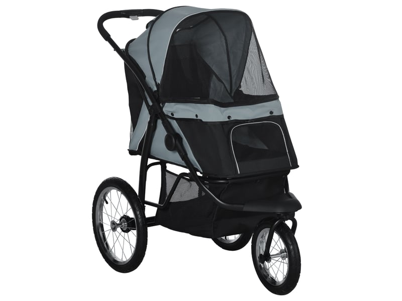  Poussette pliable 111 x 58 x 107 cm – grise – 3 roues tout-terrain, frein, réflecteurs et rangement pratique  - Conforama A