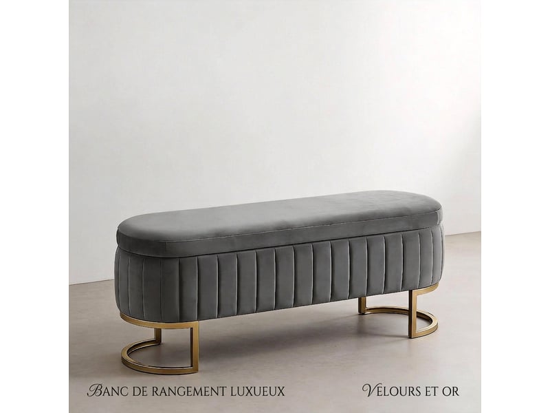  Banc de lit gris clair 130 cm en velours avec coffre et pieds en métal doré  - Conforama B