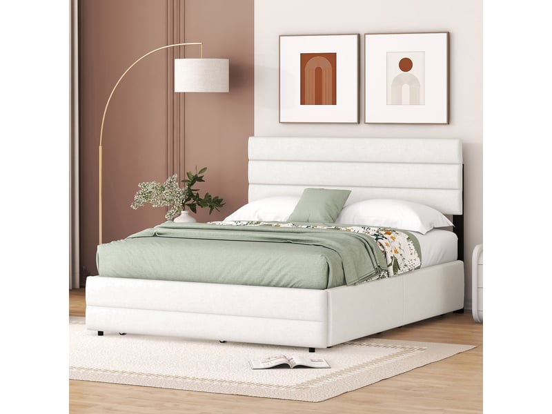  Lit gigogne 140 × 200 cm et 90 × 190 cm 2 places avec 2 tiroirs, sans matelas, en tissu de lin, beige  - Conforama C
