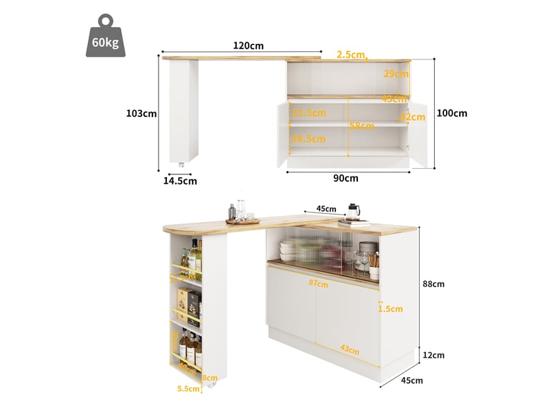  Table de bar pivotante à 360°, 90-120x45x100 cm avec étagère de rangement et porte coulissante en verre, blanc  - Conforama C