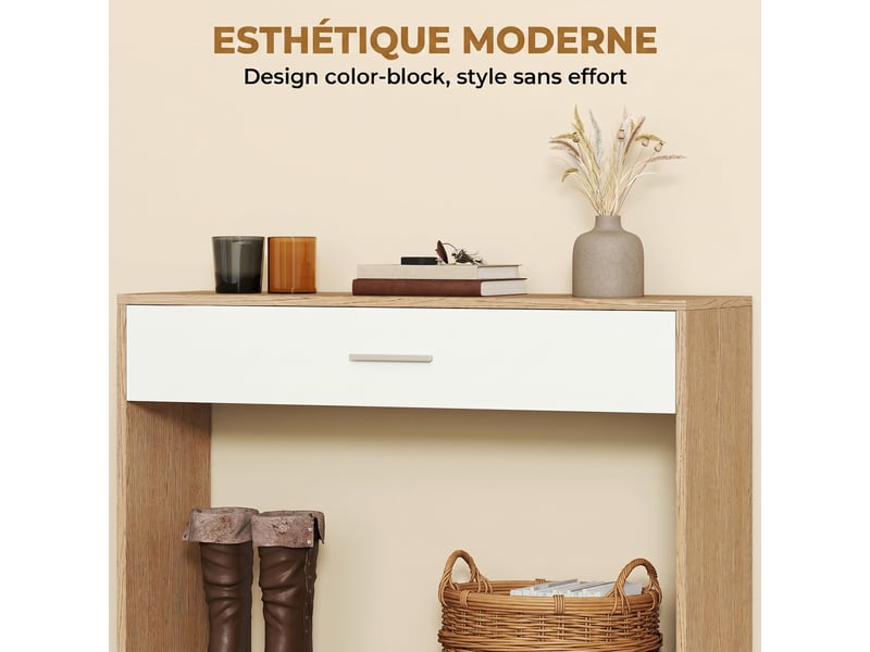  Console meuble + miroir, table console étroite avec tiroir et étagère, style moderne, chêne, 91,5 x 27,9 x 85,5 cm  - Conforama R