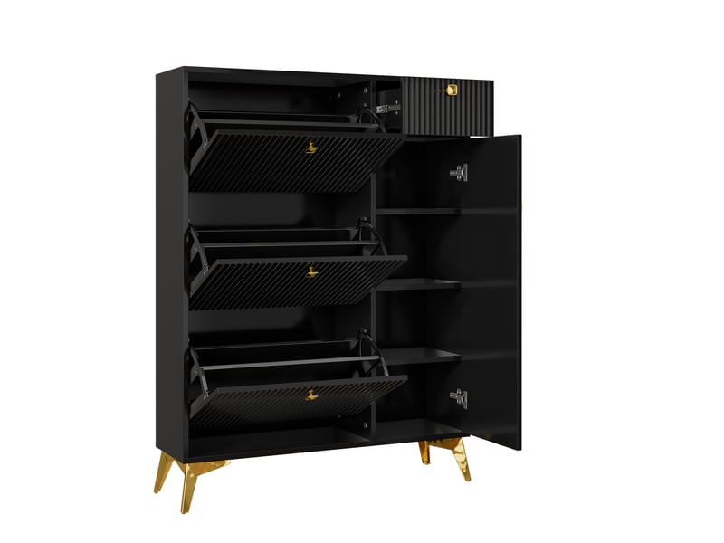  Meuble à chaussures 90x25x121 cm, rangement multifonction, panneaux de particules, mdf et métal noir  - Conforama D