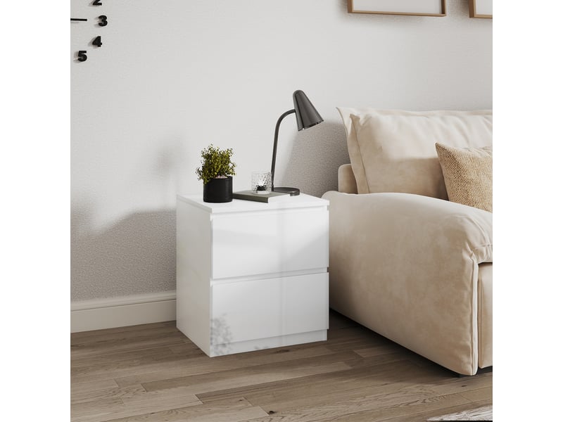 Table de chevet à 2 tiroirs, idéale pour la chambre ou le salon, 40 x 34 x 45 cm, blanc brillant  - Conforama C