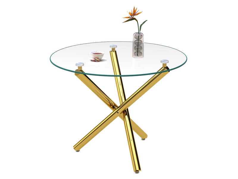  Table à manger ronde 80x80x77 cm, dessus en verre trempé, finition dorée, usage salon, séjour, pieds croisés métalliques  - Conforama A