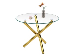 Table à manger ronde 80x80x77 cm, dessus en verre trempé, finition dorée, usage salon, séjour, pieds croisés métalliques
