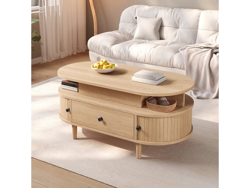  Table basse plateau relevable ovale salon 105 x 50 cm, mdf naturel, coffre et tiroir  - Conforama D
