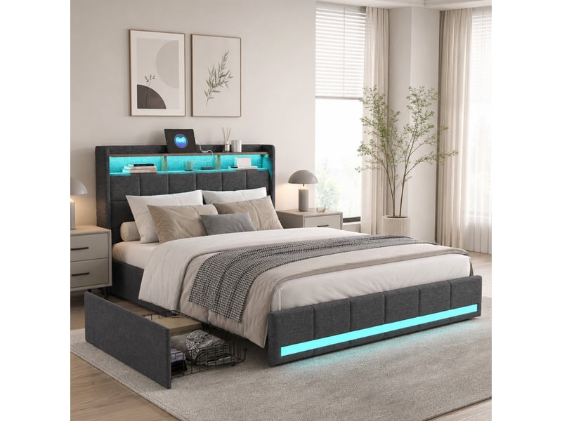  Lit rembourré 140 x 200 cm, lit double avec éclairage led et 4 tiroirs, tête de lit avec espace de rangement et port usb, lin, gris 231205TT0704#ADcE0HW1BXDELLM - Conforama B
