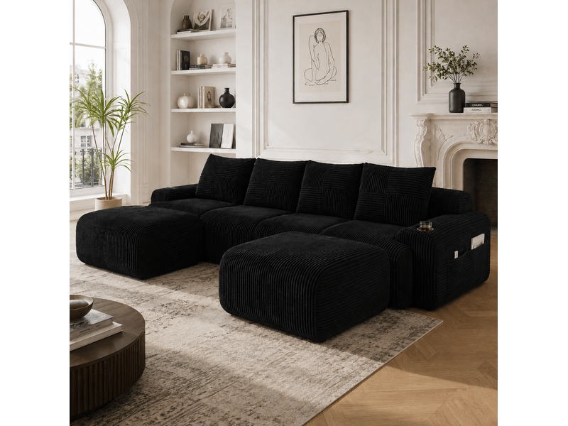 Canapé modulable 4 places 333x174x80 cm avec 2 poufs coloris noir - Conforama C
