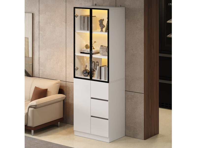  Buffet 60x40x180 cm avec portes, cadre en aluminium, éclairage led contrôlable, panneau de particules, blanc  - Conforama D