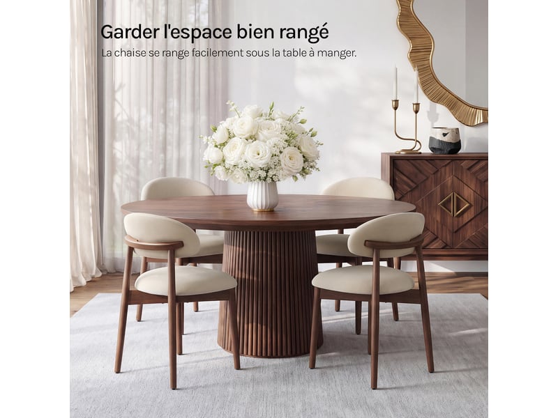  Lot de 4 chaises de salle à manger en tissu chenille, pieds en bois massif，43 x 51 x 83 cm，beige  - Conforama C