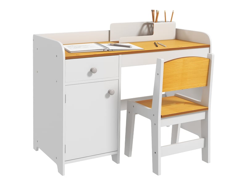  Bureau et chaise d'écolier en bois blanc pour enfants de 3 à 6 ans, avec tiroir et armoire.  - Conforama A