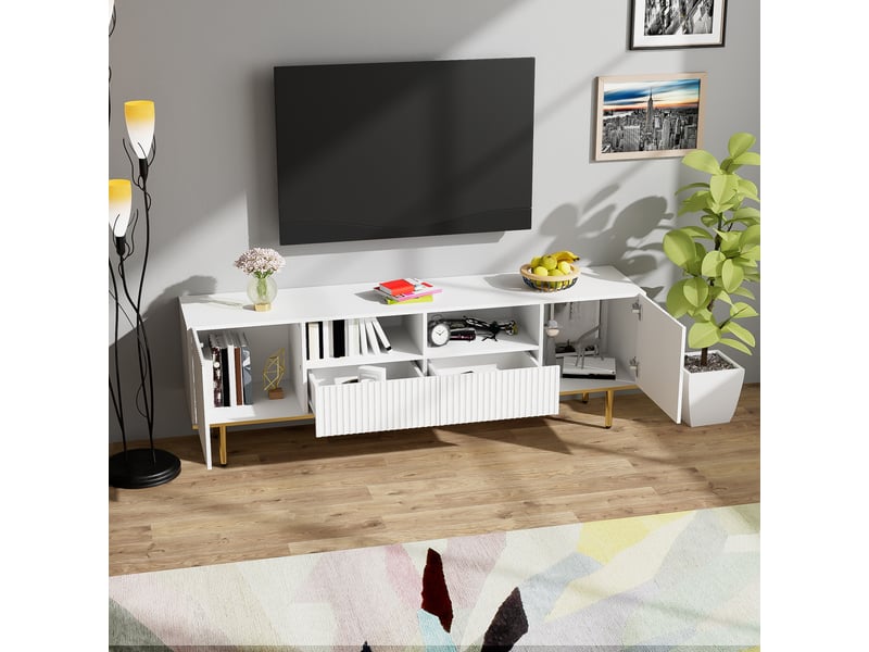  Meuble tv moderne avec pieds dorés et bordure dorée, 2 niches, 2 tiroirs, noir et or  - Conforama E