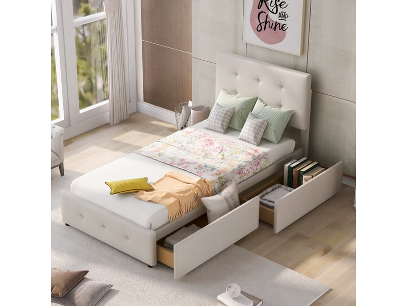  Lit simple rembourré 90x200 cm avec rangement, velours beige  - Conforama C