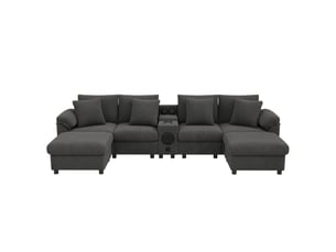 Canapé droit fixe 6 places Tissu gris avec coffre de rangement