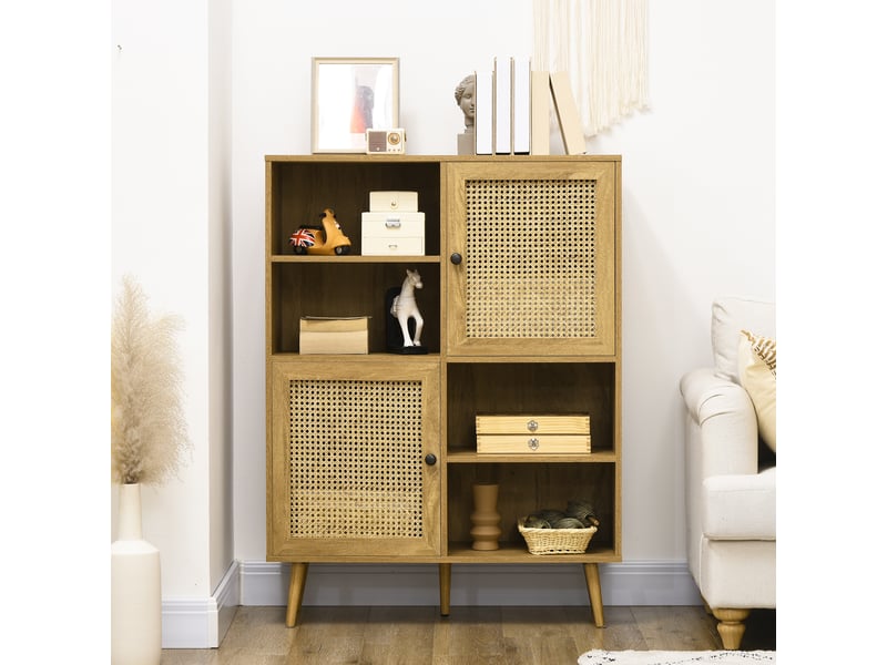 Buffet meuble de rangement armoire haut aspect bois et cannage dim. 90l x 32,5l x 120h cm - design 2 portes - Conforama W