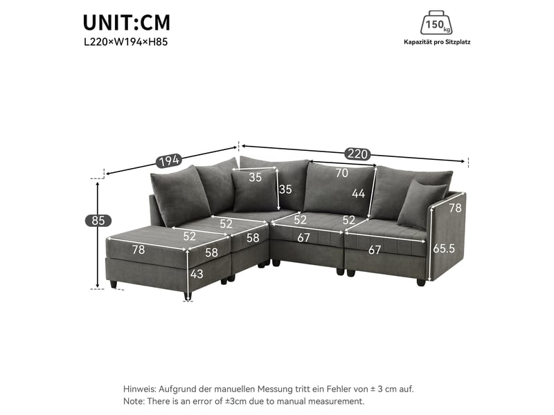 Canapé d’angle modulable 5 places 220x194x85 cm avec pouf mobile, configuration en l ou u, ressorts ensachés, mousse haute résilience, coton-lin,gris - Conforama E