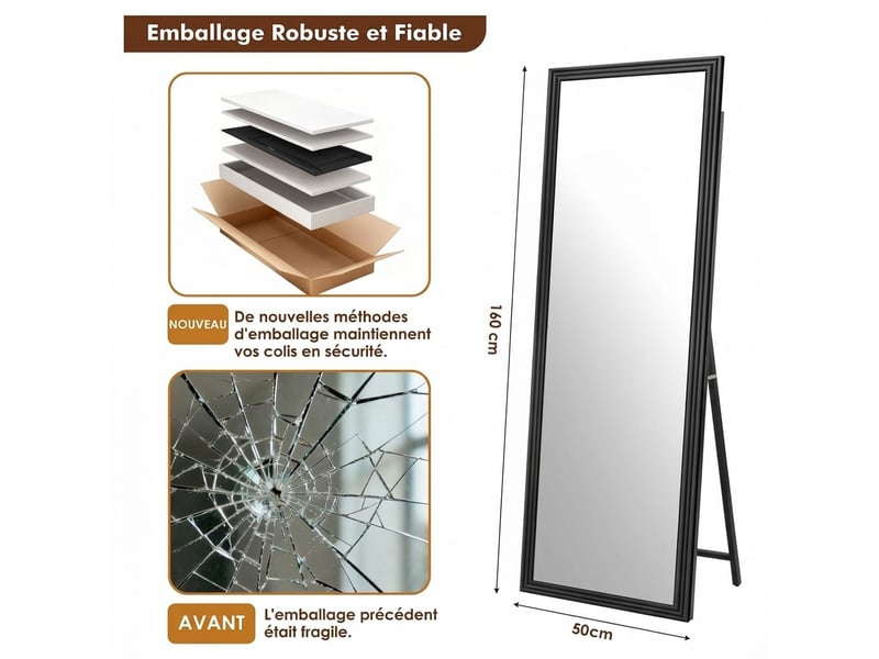  Grand miroir de sol 160x50 cm sur pied inclinable réglable – miroir sur pied moderne en bois massif noir haute définition et anti-distorsion pour chambre et dressing  - Conforama C
