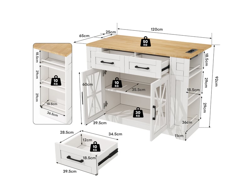 Desserte de cuisine 120 x 65 x 92 cm blanche et naturelle en mdf, tablette rabattable et prises intégrées  - Conforama C