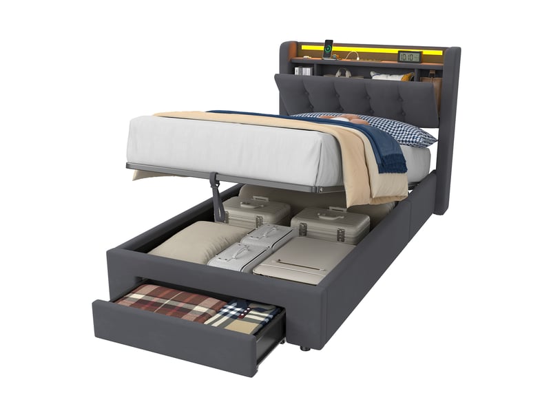  Lit coffre 90x190 cm gris en velours avec coffre hydraulique, tiroirs, led et ports usb  - Conforama D