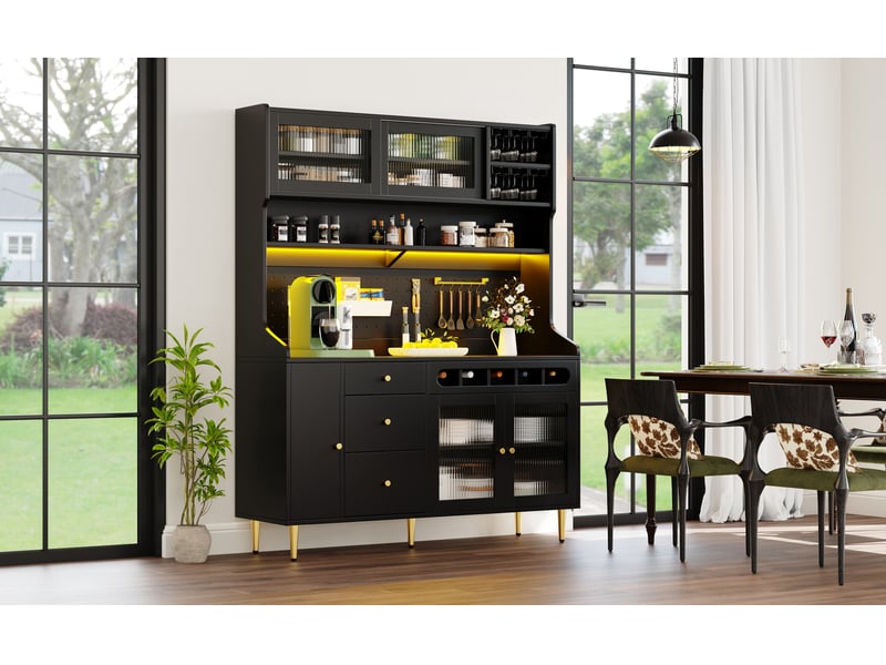  Armoires hautes 145×39×171 cm pour le salon, led, buffet cuisine avec étagères réglables, tiroir avec casier à bouteilles, noir  - Conforama E