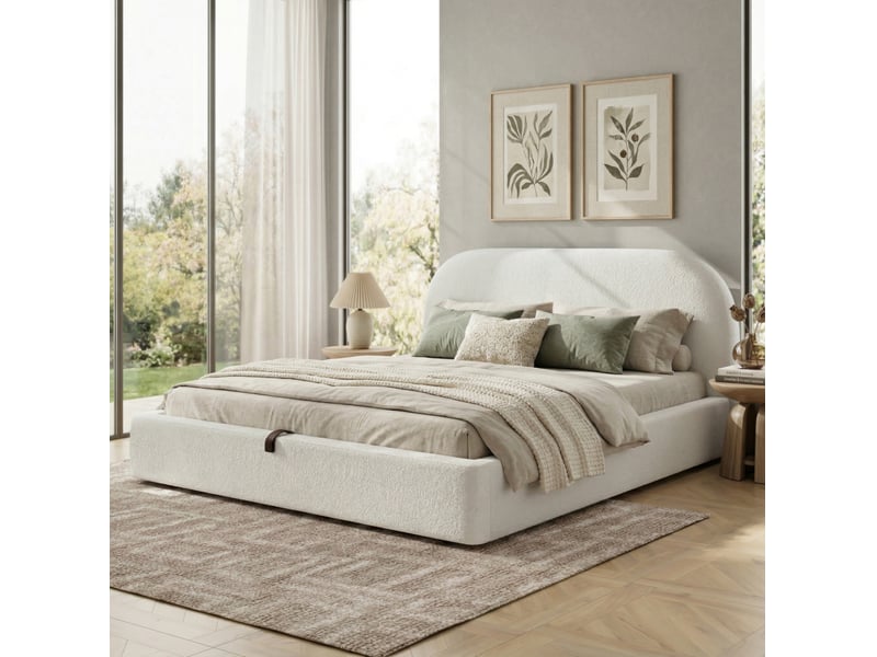  Lit coffre adulte 160x200 cm – beige bouclé – sommier à lattes inclus et rangement hydraulique sous le lit  - Conforama B