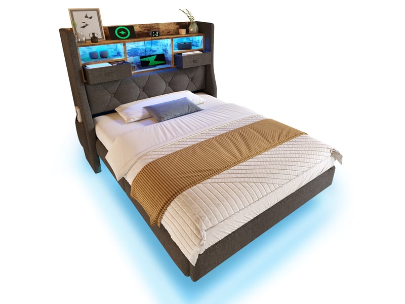  Lit simple 90x200 cm led et station de charge en lin gris  - Conforama A