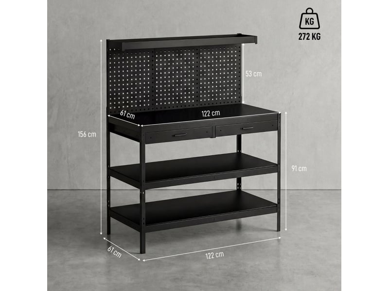  Établi 122x61x156 cm avec panneaux perforés et 2 tiroirs métal et mdf noir  - Conforama E