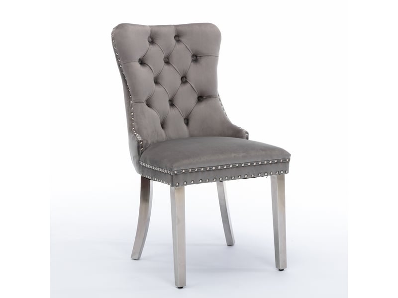  Lot de 2 chaises de salle à manger en velours gris, dossier haut capitonné, clous décoratifs, pieds finition chrome, structure en bois massif  - Conforama A