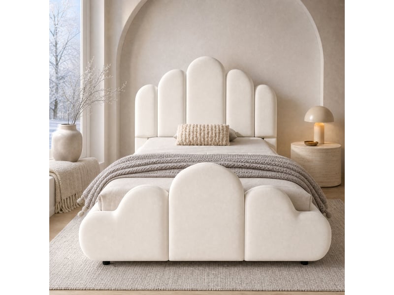  Lit enfant simple 1 place 90×200 cm en velours, tête rembourrée et angles arrondis - okmyhome- beige, sans matelas  - Conforama C
