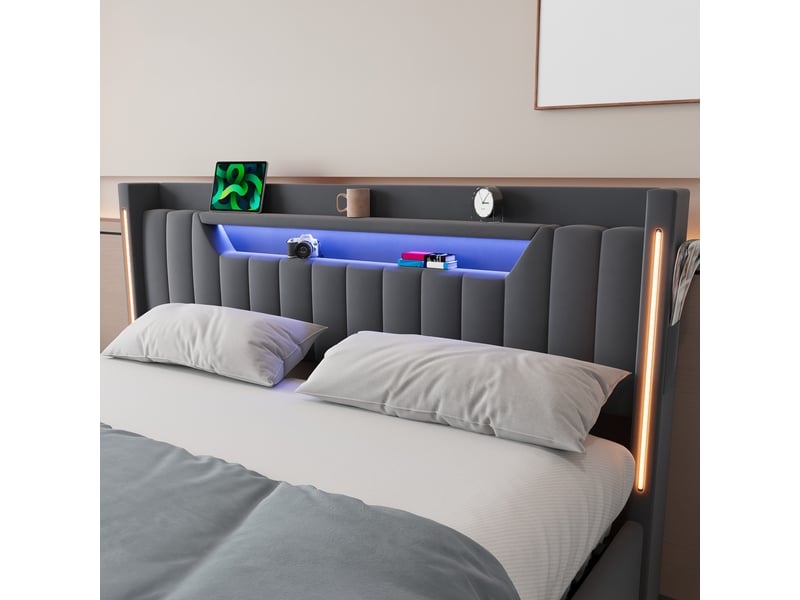  Lit coffre velours 160x200 cm avec led gris foncé  - Conforama D