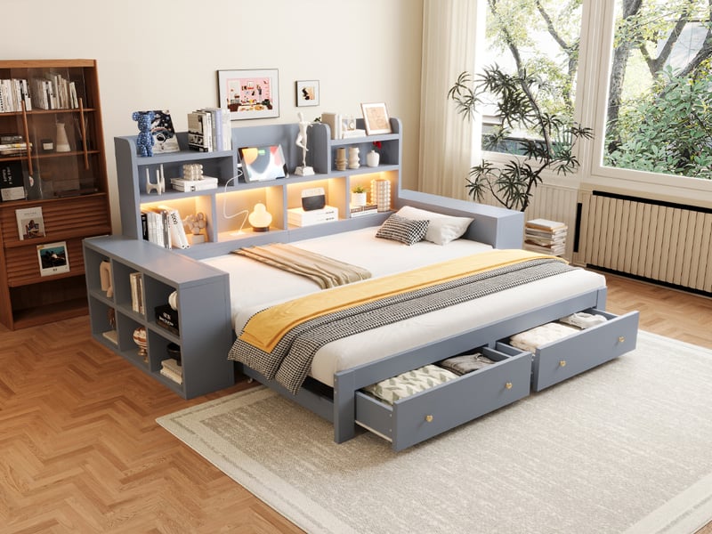  Canapé-lit extensible multifonctionnel en bois 90180x200cm, rangements, prises et led, gris  - Conforama B