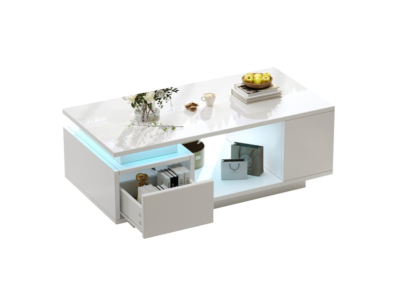 Table basse blanche brillante avec led app contrôle, table de salon 100x50x36 cm avec tiroir et rangements latéraux - Conforama R