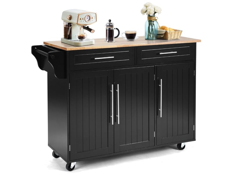  Îlot de cuisine sur roulettes spacieux 121 x 46 x 93 cm avec 2 tiroirs design pratique en bois de caoutchouc noir 20_0017941  - Conforama A