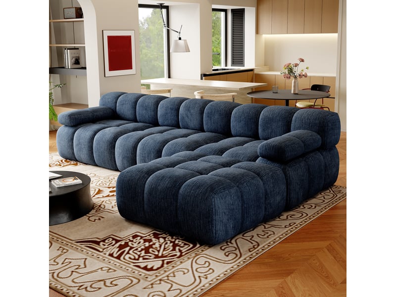  Canapé d'angle fixe 4 places en tissu bleu 300 cm, méridienne à droite, sans montage pour votre salon  - Conforama E