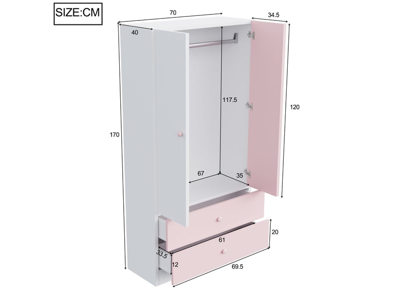  Armoire 70x40x170 cm à deux tiroirs mdf rose et blanc  - Conforama E
