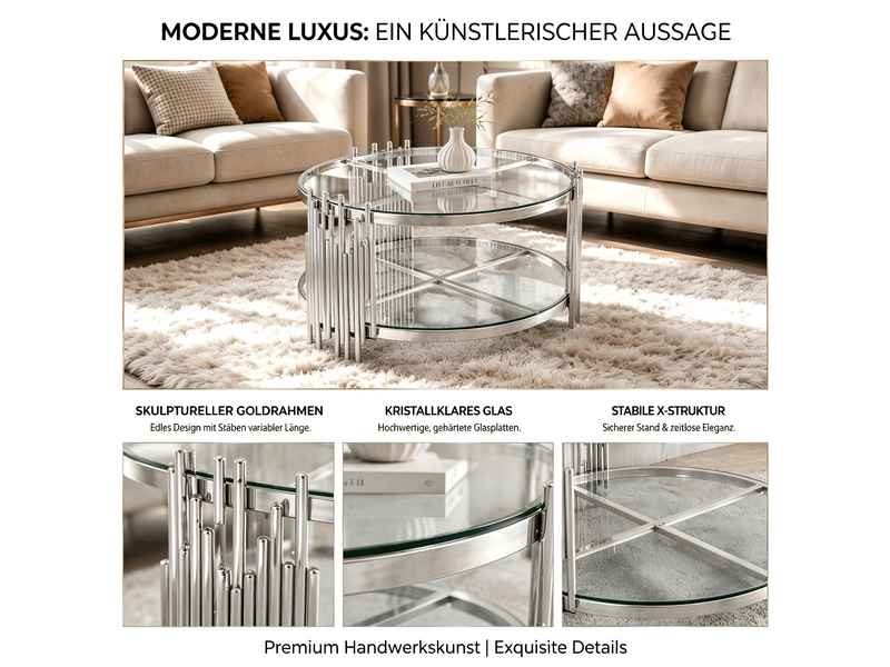  Table basse moderne en verre transparent de 80 cm, argent + transparent, table de salon luxueuse avec double plateau en verre  - Conforama W