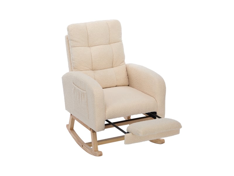  Fauteuil à bascule beige en tissu bouclette avec repose-jambes intégré et pieds en bois massif 132x50x99 cm  - Conforama A