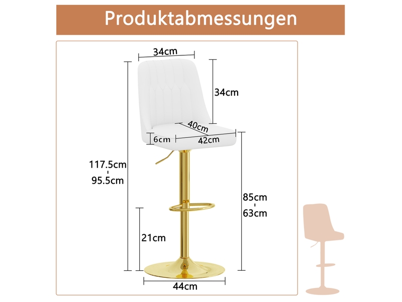  Lot de 2 tabourets de bar hauteur réglable pivotants 360°, chaise haute cuisine, pied métal, polyuréthane, blanc et or  - Conforama C