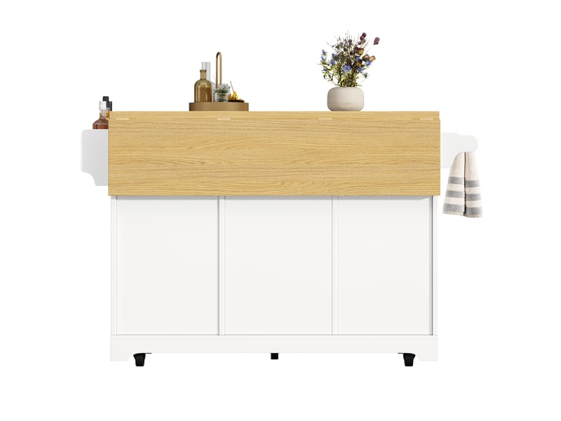  Îlot de cuisine mobile 120 x 40 x 95 cm, plateau extensible, 3 tiroirs, 2 portes et roulettes, blanc, en mdf robuste  - Conforama E