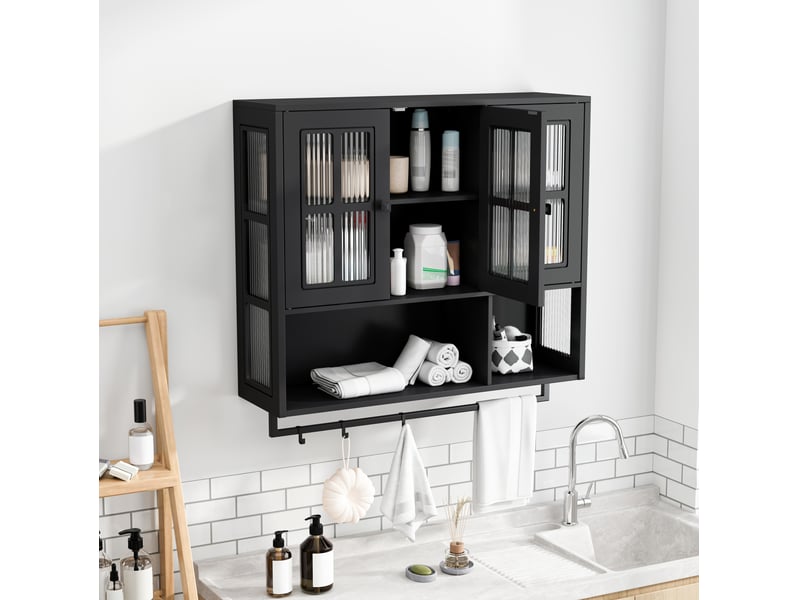  Meuble mural salle de bain 88x26x82,5 cm, rangement moderne gain de place, meuble suspendu design, en mdf, noir  - Conforama D