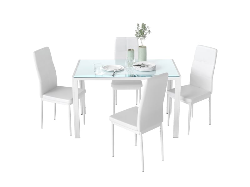  Ensemble de salle à manger avec table et 4 chaises, 5 pièces, table rectangulaire en verre trempé et chaises rembourrées en pu, blanc  - Conforama A