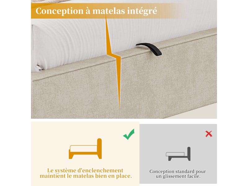 Lit banquette 140 x 190 cm avec led, usbusb-c et coffre hydraulique - lit rembourré avec sommier à lattes et tête de lit en chenille beige Fay Lum - Conforama E