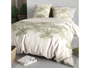 Parure housse de couette 240x220cm + 2 taies motif fleurs beige et vert 100% coton - artus