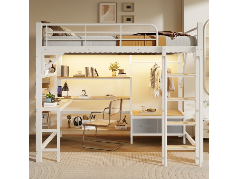  Lit mezzanine 140x200 cm avec bureau, rangements, led et usb blanc  - Conforama D