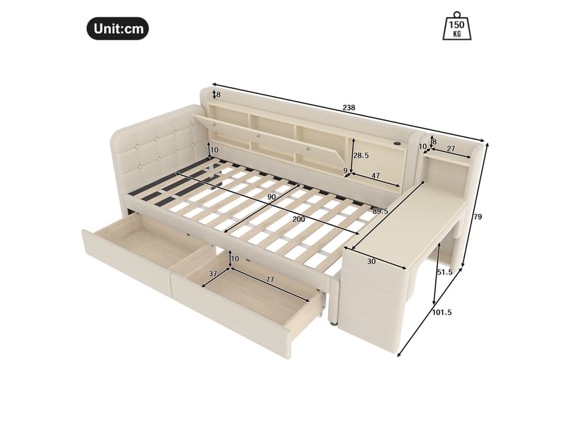  Lit de jour 90x200 canapé lit avec tiroirs et bureau intégré - lin beige, ports usbtype-c  - Conforama C