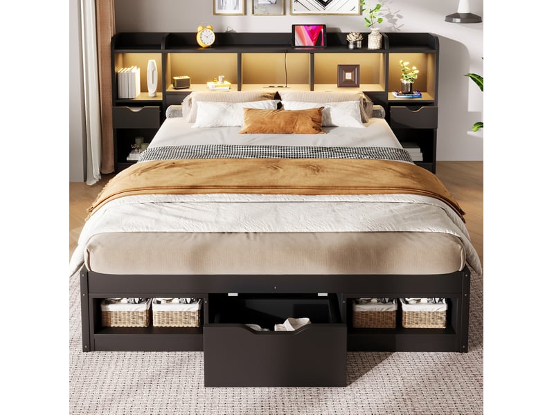  Lit coffre 2 places 140x200 cm, sans matelas, mdf noir, port usb, led intégré, tête de lit avec rangements, doté de sommier à lattes  - Conforama E